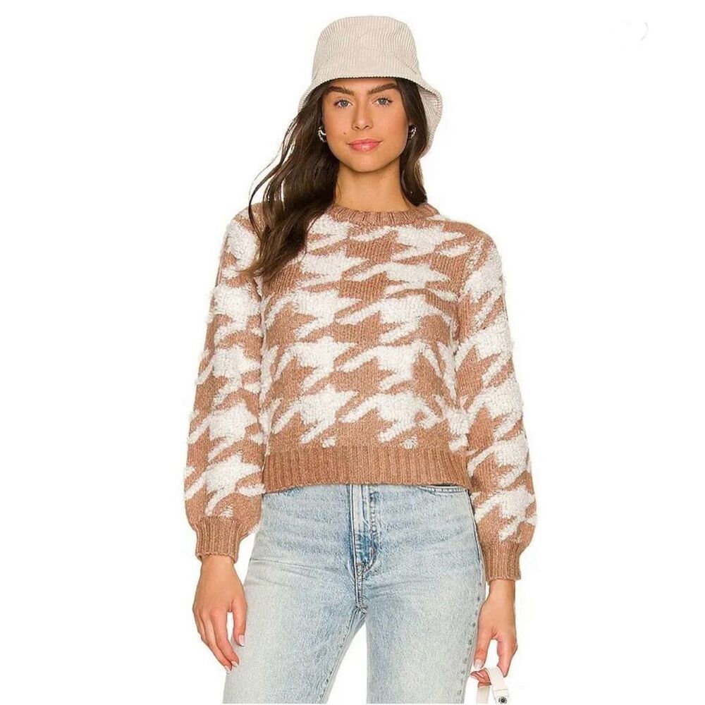 LINE & DOT Houndstooth Plush Sweater Toffee Ivory Textured NWT Small